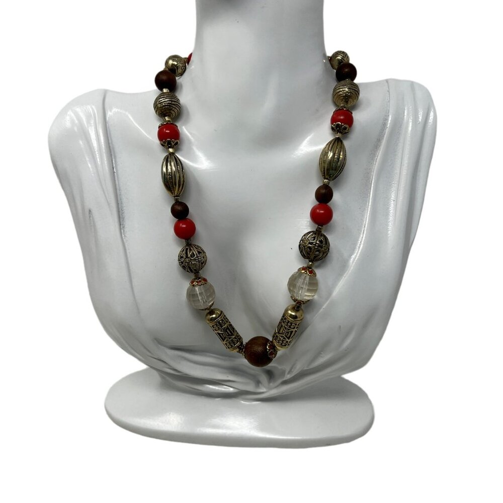 Beaded Necklace‎ Orange Brown Gold Tone Mixed Media Adjustable